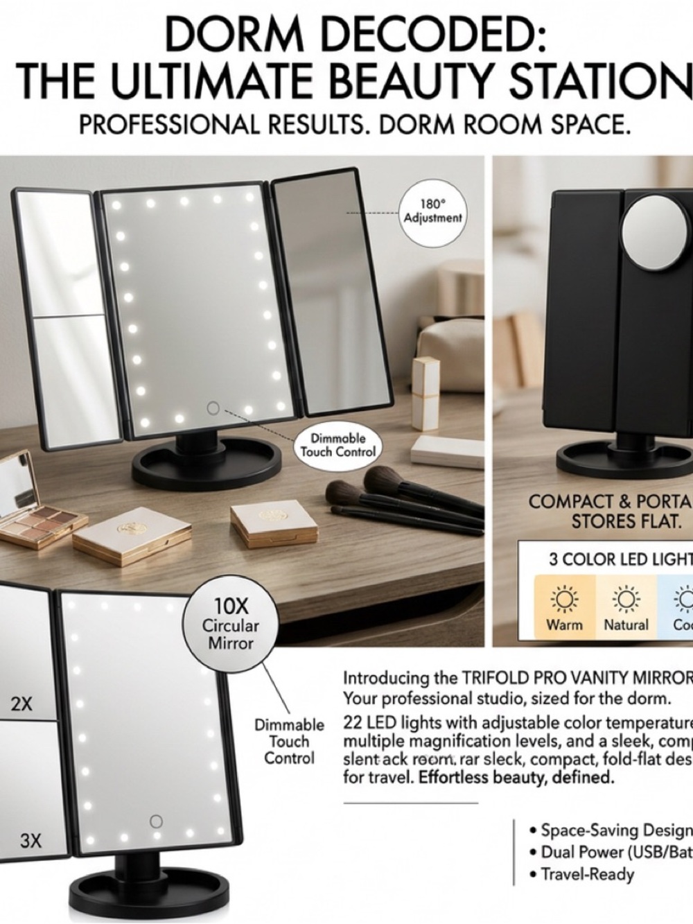 Trifold Pro Vanity Mirror with LED Lights - Black